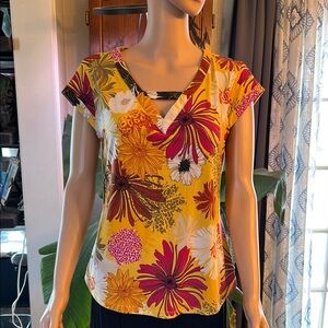 Floral V-Neck Women's Top - Yellow and Pink